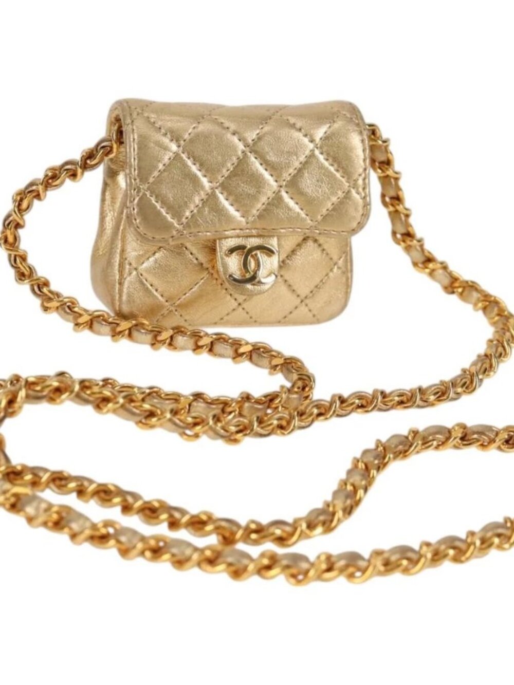 CHANEL Mini Mini Matelasse 7 Chain Bag Lamb Skin Gold Tone CC Auth 120870SAV
